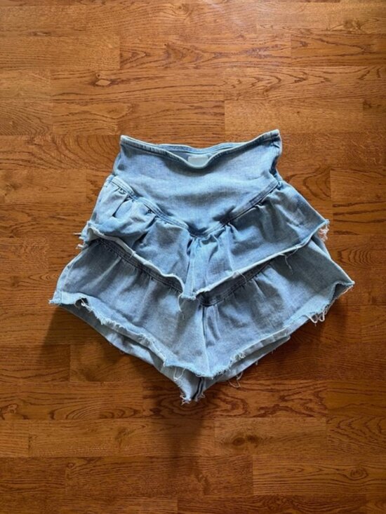 MOTHER Dresses & Skirts - MOTHER Denim Tiered Jean Skirt Mid Rise Mini Blue 26 Raw Hem Cute Stretch Light